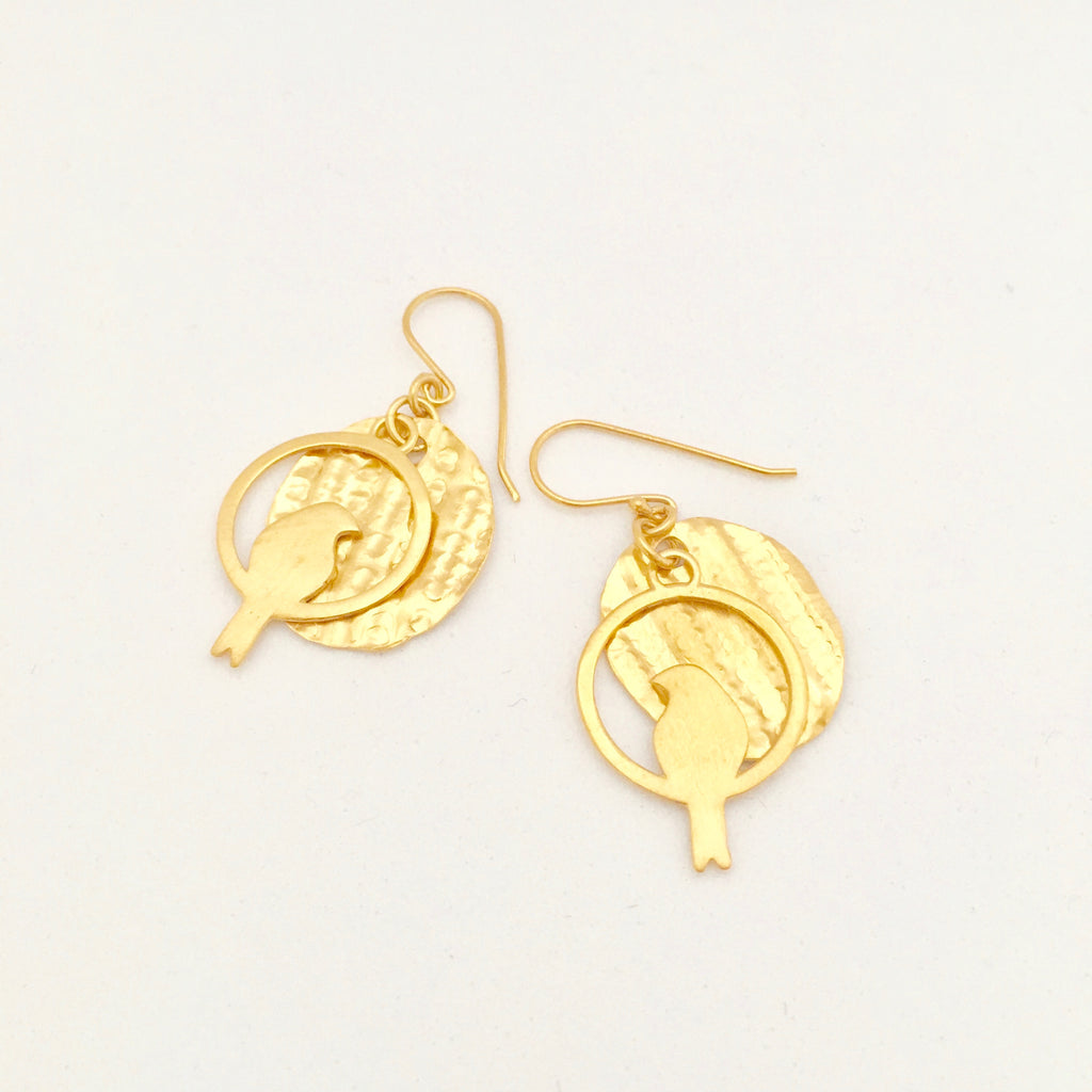 Petal disc with dove bird Earring - Gold Plated