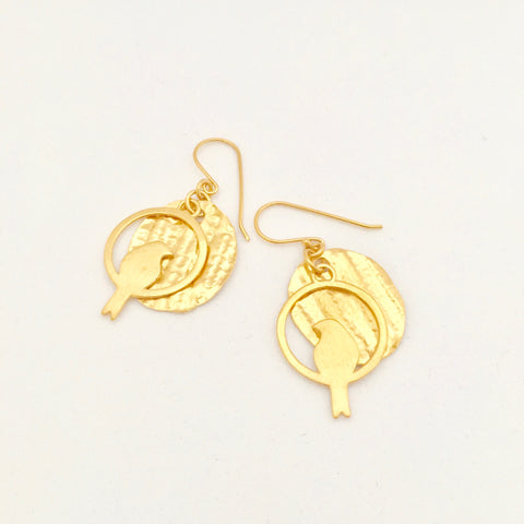 Petal disc with dove bird Earring - Gold Plated
